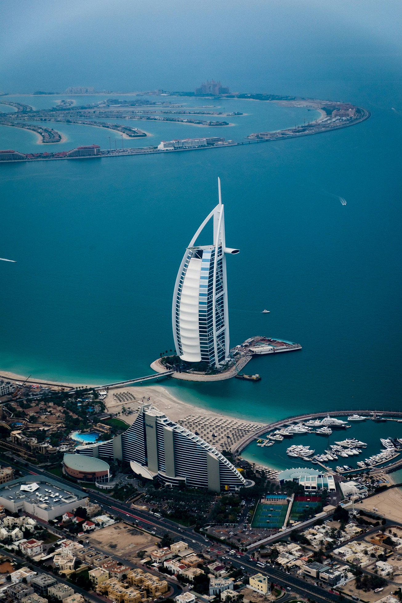 Burj Al Arab and the Dubai coastline from above